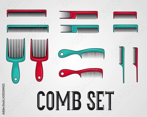 Set of combs for barbershop, salon. Vintage, retro set of different combs. Vector illustration.