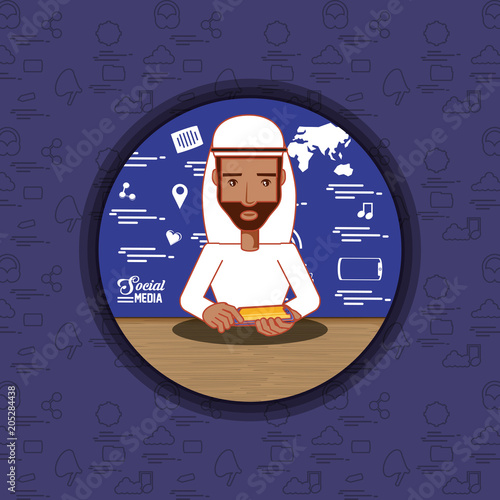 cartoon arabic man over purple background, colorful design. vector illustration