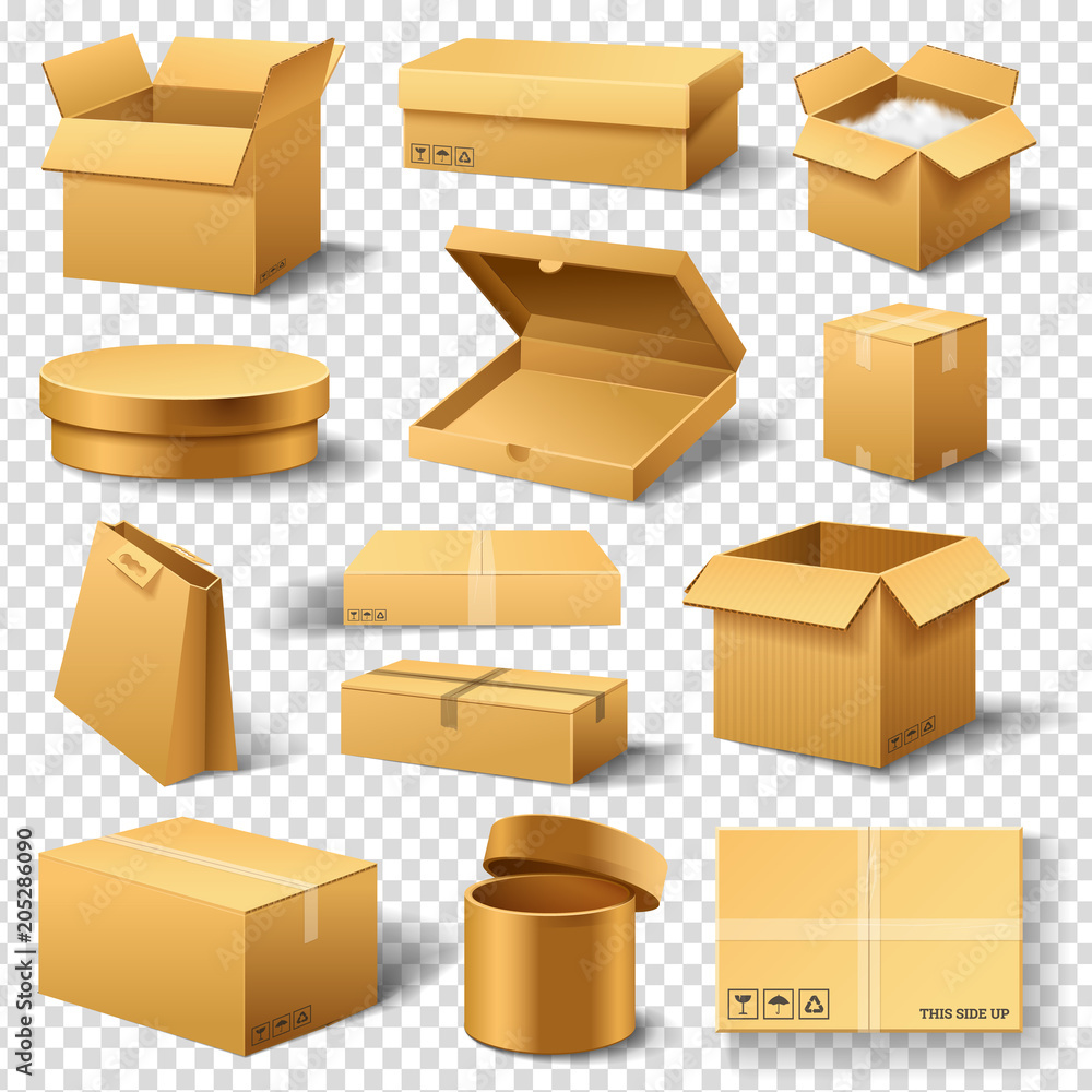 Realistic empty cardboard box Opened. Brown delivery. Carton package ...