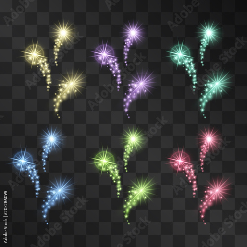 Paisley feather decor vector light effect set, fireworks star imitation with decorative glitter sparkles. Shiny bright constellations, comet tails with stardust on transparent background.