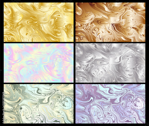 Set of six liquid metals, marble and holographic foil backgrounds