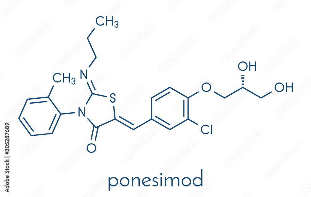 Ponesimod anti-inflammatory drug molecule (S1PR1 modulator). Skeletal formula. Ponesimod anti-inflammatory drug molecule (S1PR1 modulator). Skeletal formula.