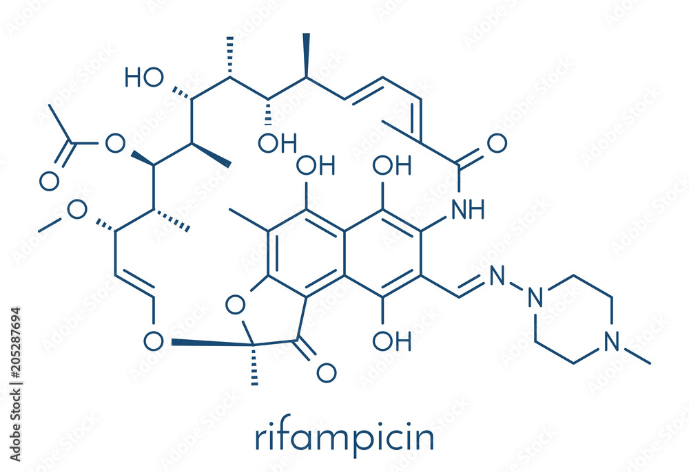 rifampicin (rifampin, rifamycin class) tuberculosis antibiotic molecule. Skeletal formula. rifampicin (rifampin, rifamycin class) tuberculosis antibiotic molecule. Skeletal formula.