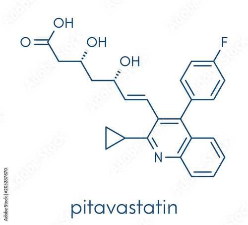 Pitavastatin hypercholesterolemia drug molecule. Skeletal formula.
