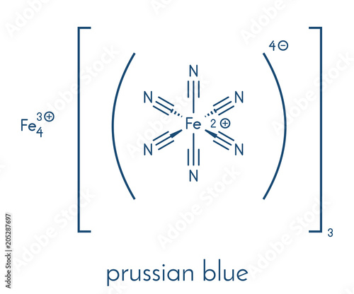 Prussian blue (Potassium ferric hexacyano-ferrate) molecular structure. Used as paint pigment and as heavy metal antidote in medicine. Skeletal formula.