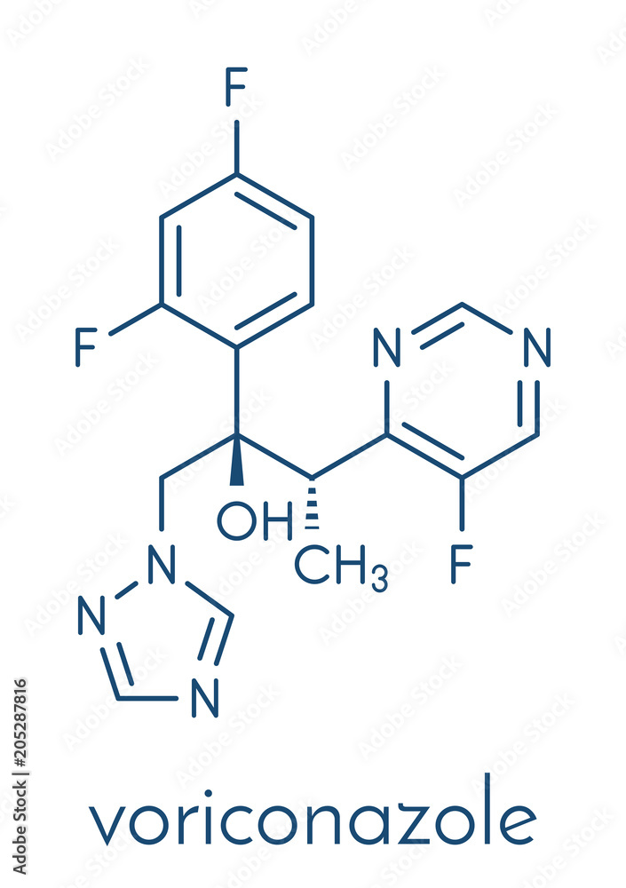Voriconazole antifungal drug molecule (triazole class). Skeletal formula. Voriconazole antifungal drug molecule (triazole class). Skeletal formula.