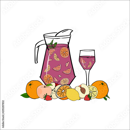 Sangria. Traditional spanish alcohol drink. Hand sketched jug and glass of sangria with orange , peach, lemon, strawberry, apple, mint. Vector eps 10