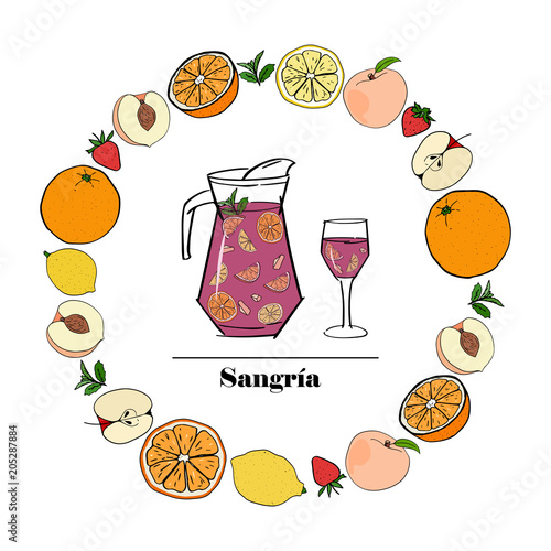 Traditional spanish alcohol drink. Sangria. Hand sketched jug and glass of fresh sangria in round frame of orange , peach, lemon, strawberry, apple. Vector