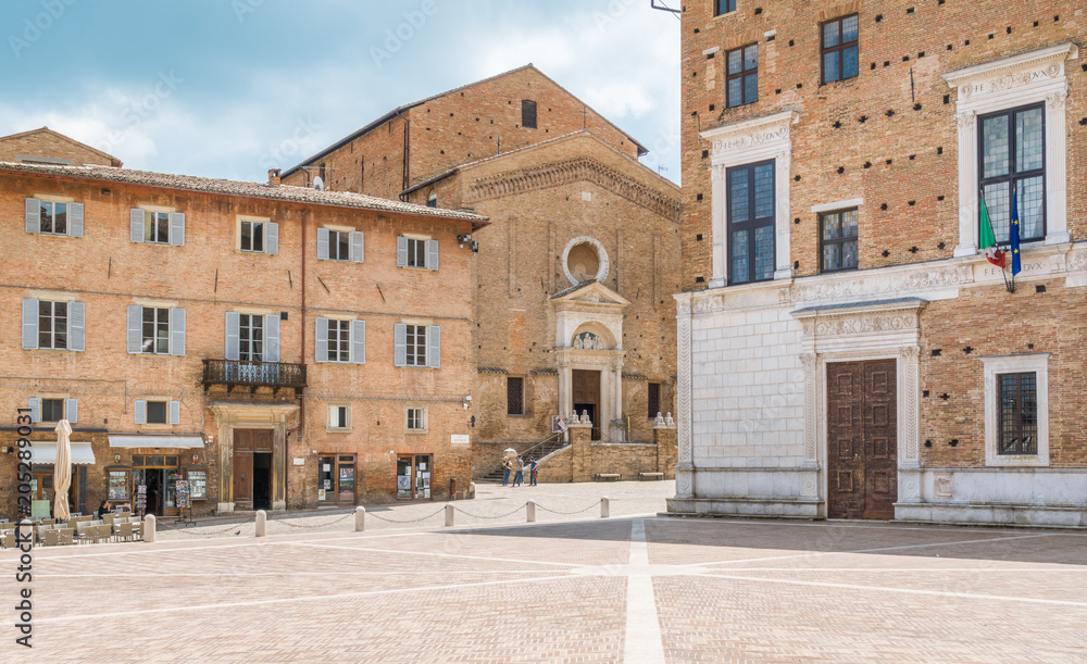 Rinascimento square in Urbino, city and World Heritage Site in the Marche region of Italy.