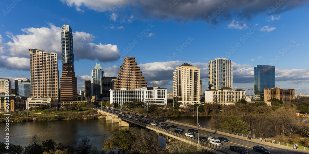 MARCH 2, 2018, AUSTIN, TEXAS - Austin Cityscape Evening Skyline with skyscrapers down Congress Avenue Bridge over Colorado River