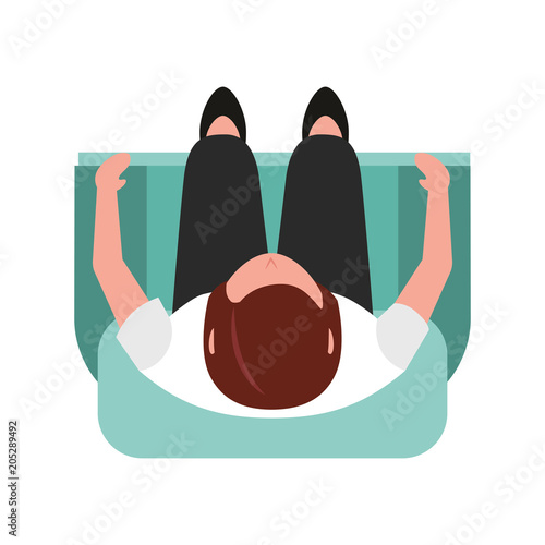 aerial view of young woman sitting in sofa vector illustration design
