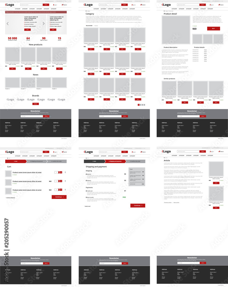 Ecommerce website template, set of six web pages. Flat design layout Ecommerce website template, set of six web pages. Flat design layout