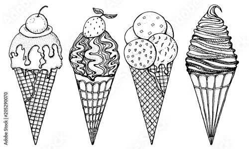 Realistic Sweet ice cream with caramel and waffle cone, chocolate and lollipops and strawberry, fruit jelly and watermelon. Holiday colors in modern style. Engraved hand drawn vintage sketch.