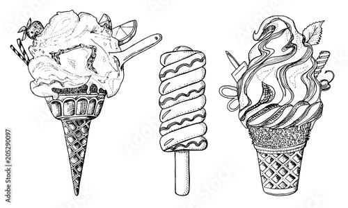 Realistic Sweet ice cream with caramel and waffle cone, chocolate and lollipops and strawberry, fruit jelly and watermelon. Holiday colors in modern style. Engraved hand drawn vintage sketch.