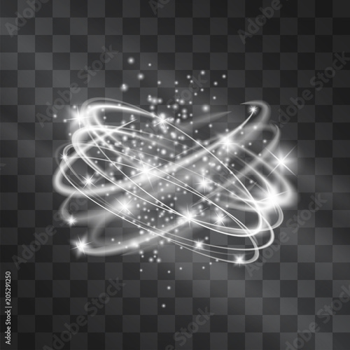 Vector silver light discs hazy effect. Cold glowing swirling storm scribble sphere of shining stardust sparkles on transparent background. Glittering blizzard cloud, ice cold magical illumination.