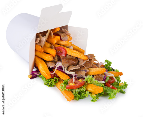 Turkish Kebab box with french fries on white background.