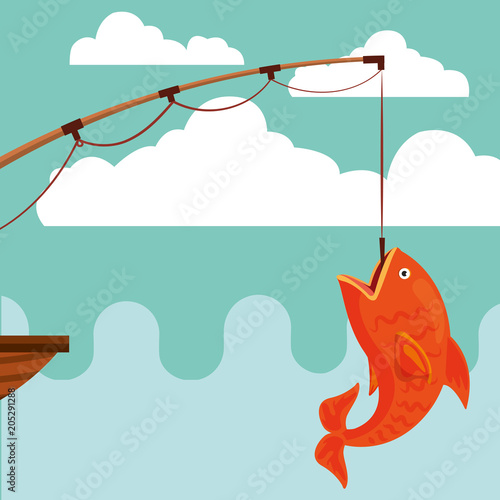 fishing rod and fish on hook vector illustration