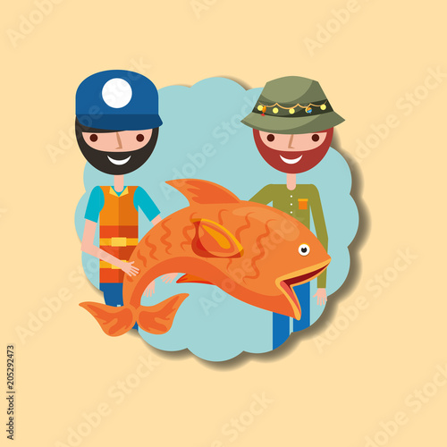 two fisherman cartoon character holding big fish vector illustration