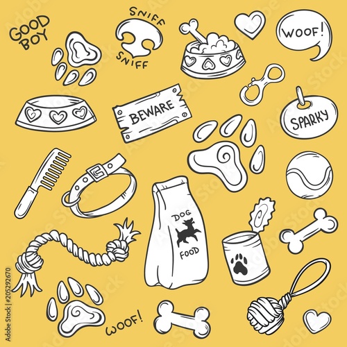 Dog stuff, hand drawn pet accessories, outline icons set, vector illustration