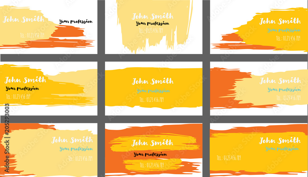 Cool Brushstrokes Painted Business Cards Vector Set. Watercolor Ink Cool Smears Hipster Corporate Identity. Trendy Funky Graffiti Prints, Cute Music Poster Background. Grunge Painted Business Cards.