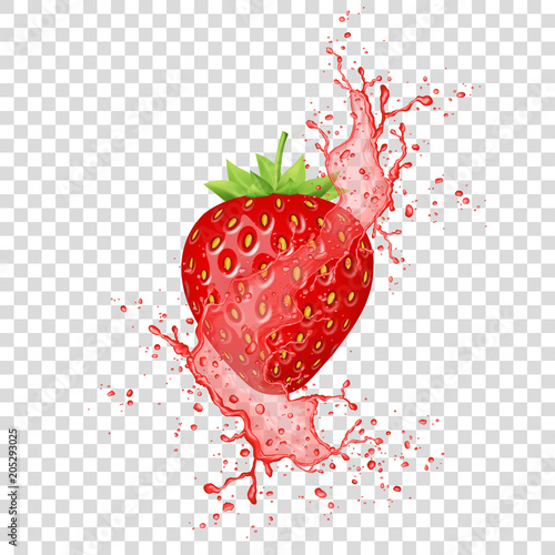 Strawberry juice splash and realistic fresh fruit.