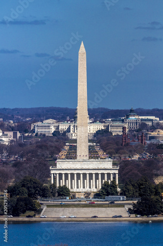 MARCH 26, 2018 - ARLINGTON, VA - WASH D.C. - Aerial view of Washington D.C. from Top of Town restaurant, Arlington, Virginia shows Lincoln & Washington Memorial blocking out US Capitol