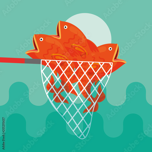 many fishes caught in fishing net vector illustration