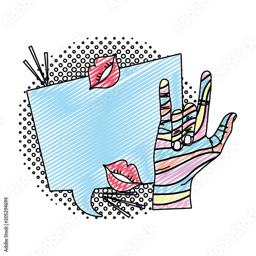 doodle chat bubble text with rock gesture and lips