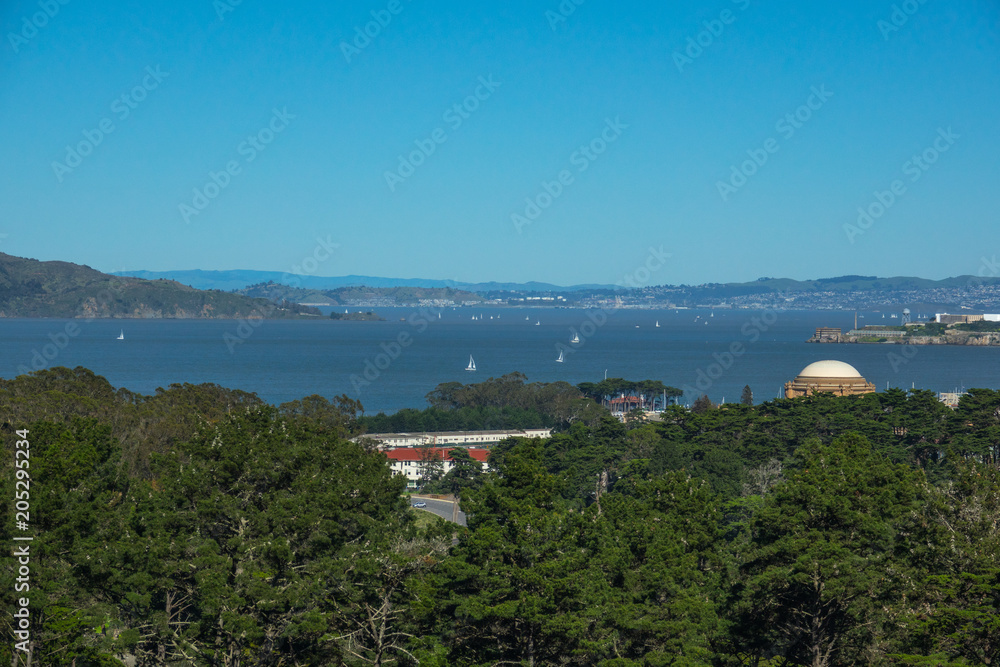Fototapeta premium San Francisco Bay View. Fantastic view on park, blue bay with ships and blue skyline.