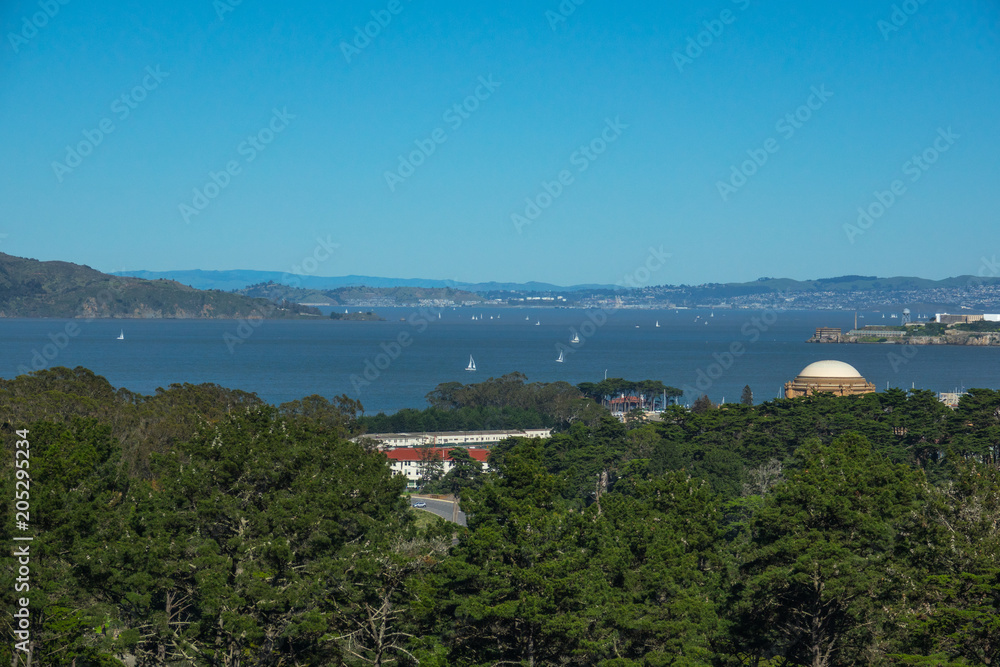 San Francisco Bay View. Fantastic view on park, blue bay with ships and blue skyline.