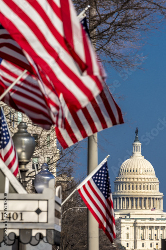 APRIL 11, 2018 - WASHINGTON D.C. - US Flags frame US Capitol, Washington D.C.