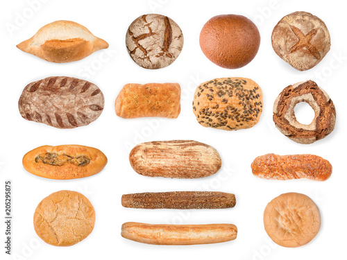 Bread, baguettes and cake collection isolated with clipping path