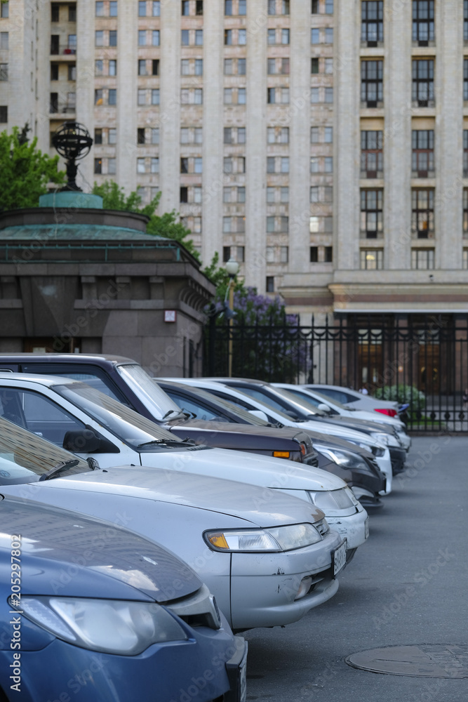 Moscow, Russia - May, 15, 2018: cars on a parking in Moscow near the Univecity