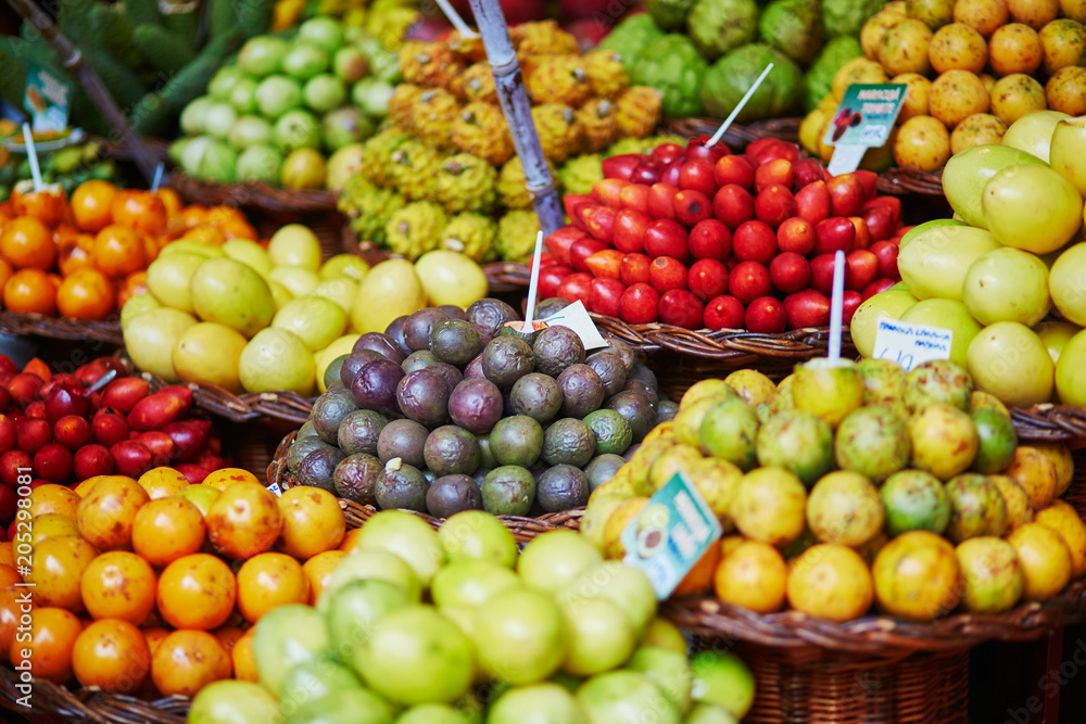 Exotic fruits on farmer market in Funchal, Madeira, Portugal Exotic fruits on farmer market in Funchal, Madeira, Portugal