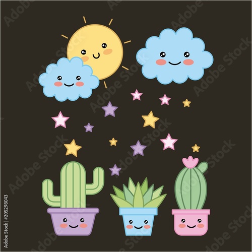 kawaii potted plants and cloud sun dark background cartoon vector illustration
