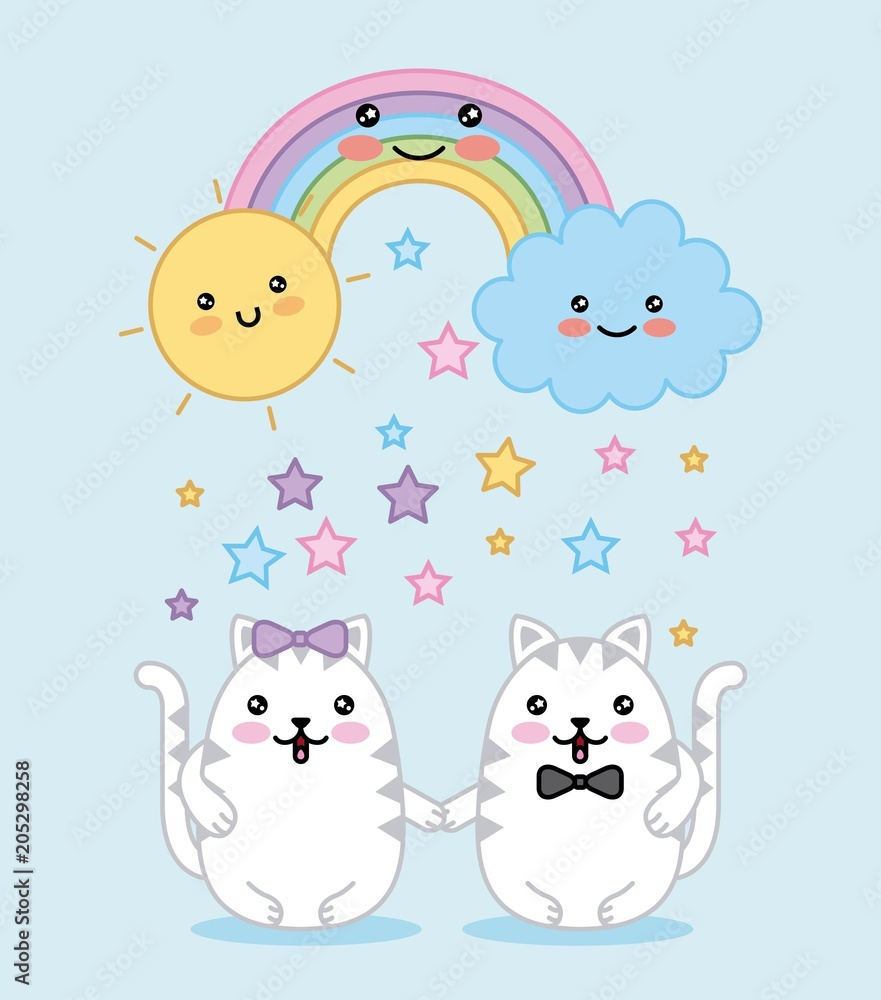 kawaii couple cats rainbow cloud sun cartoon vector illustration