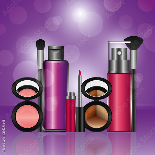 cosmetics makeup loose eyeshadow blusher fragrance lotion brush lipgloss vector illustration