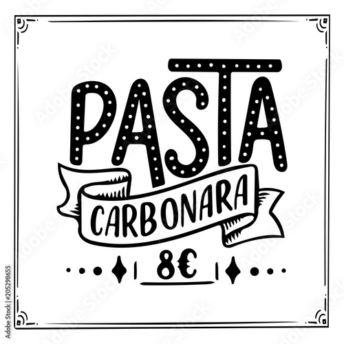 Italian food menu - names of dishe. Lettering phrases for your design, stylized drawing, hand drawn composition.