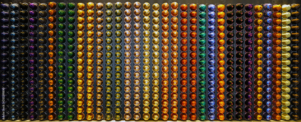 Display of colorful single dose espresso coffee capsules Display of colorful single dose espresso coffee capsules