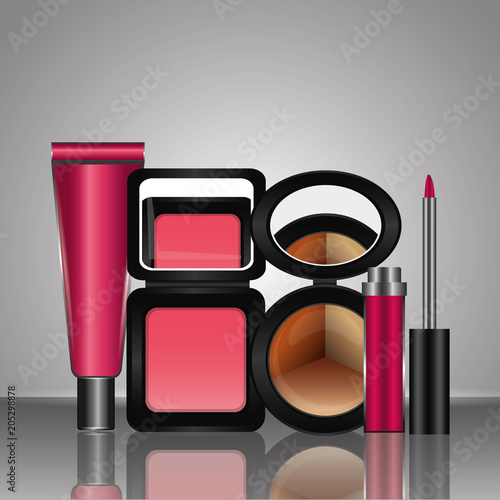 cosmetics makeup powder blusher eyeshadow lipgloss and cream vector illustration