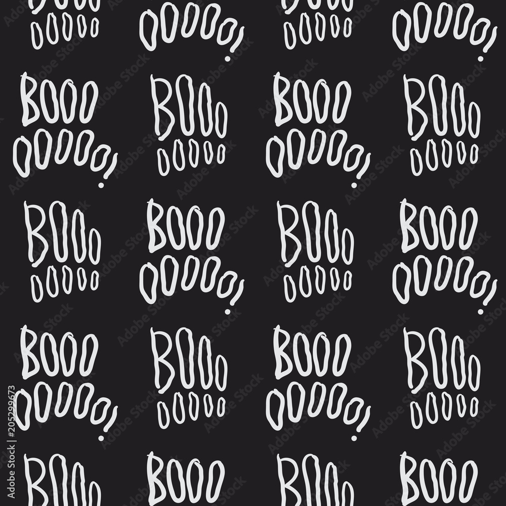 Seamless pattern with handwritten text, Boo. Fantastic repeating doodle texture for halloween. Black and white creative vector background. Cute spooky concept.