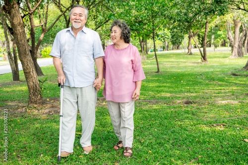 Senior couple in park. Walking together, relaxing and loving each other with a smile