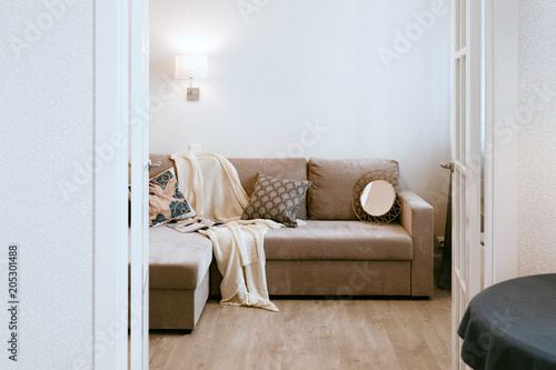 Living room scandinavian style interior, studio apartment design