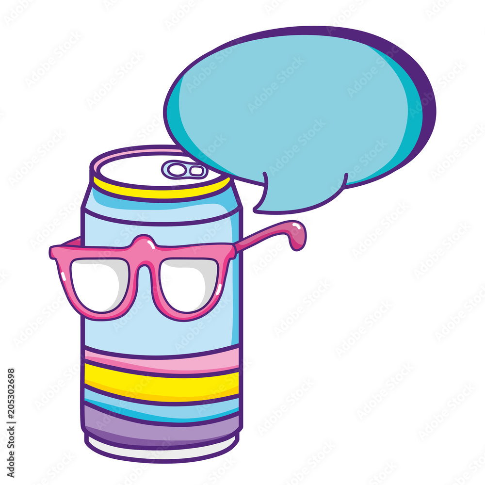 kawaii soda can with glasses and chat bubble Stock Vector