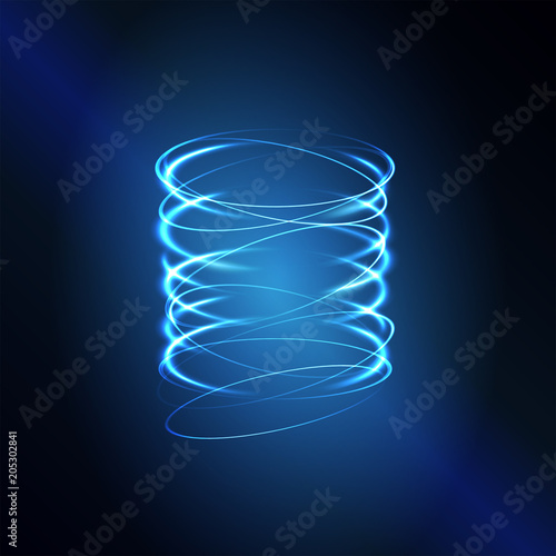Vector abstract neon light effect blue circles background with glowing decorative cylinder. Luminous swirling rings going up. Illustration of round meditative shapes.