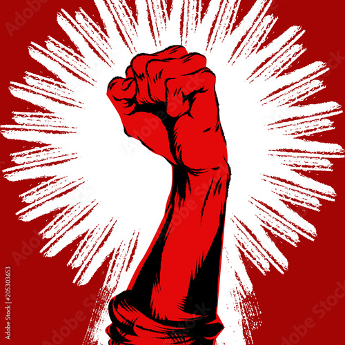 Raised protest human fist. Retro revolution grunge poster design