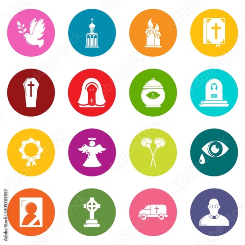 Funeral ritual service icons set vector colorful circles isolated on white background 