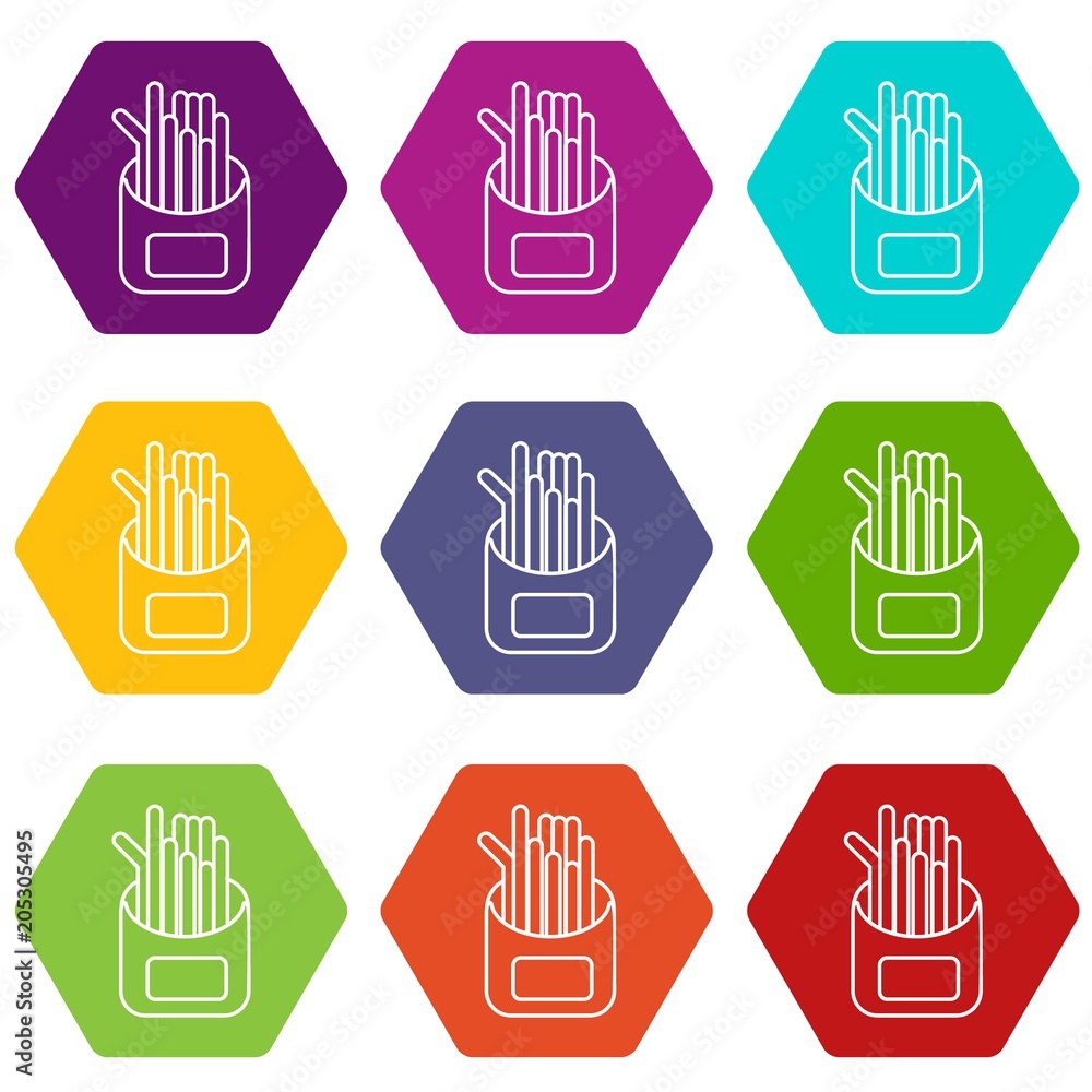 French fries icons 9 set coloful isolated on white for web French fries icons 9 set coloful isolated on white for web