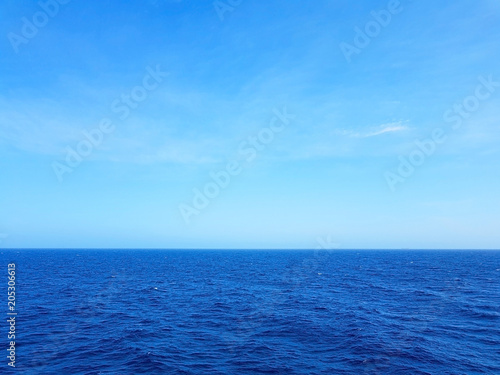 view of the ocean and blue sky with waves in the middle of the sea and white foam
