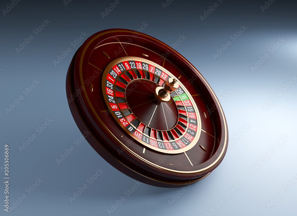 Luxury Casino roulette wheel on blue background. Wooden Casino roulette 3d rendering illustration Luxury Casino roulette wheel on blue background. Wooden Casino roulette 3d rendering illustration